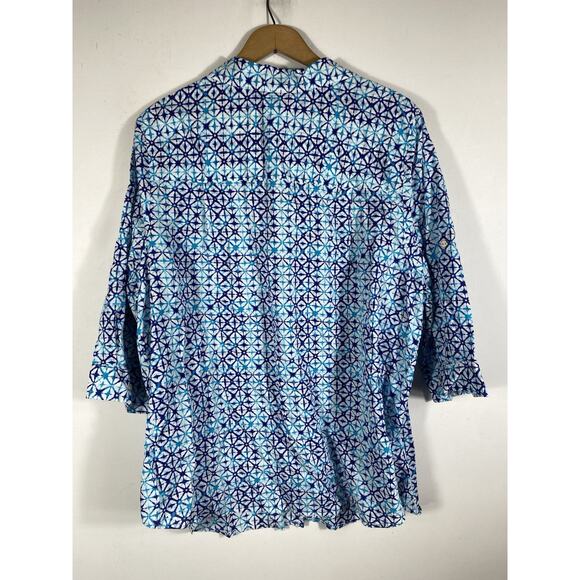Catherines Top Size 1X Button Up Blue & White Print Coastal Beachy Blouse Mature - Picture 12 of 14